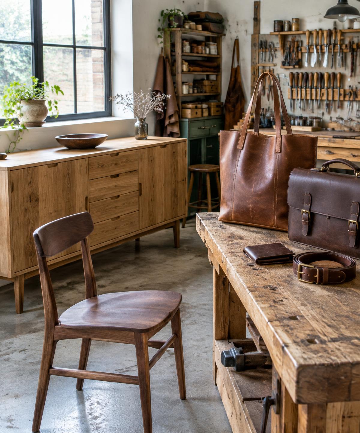 Wooden furniture and handmade leather goods together in an artisan workshop