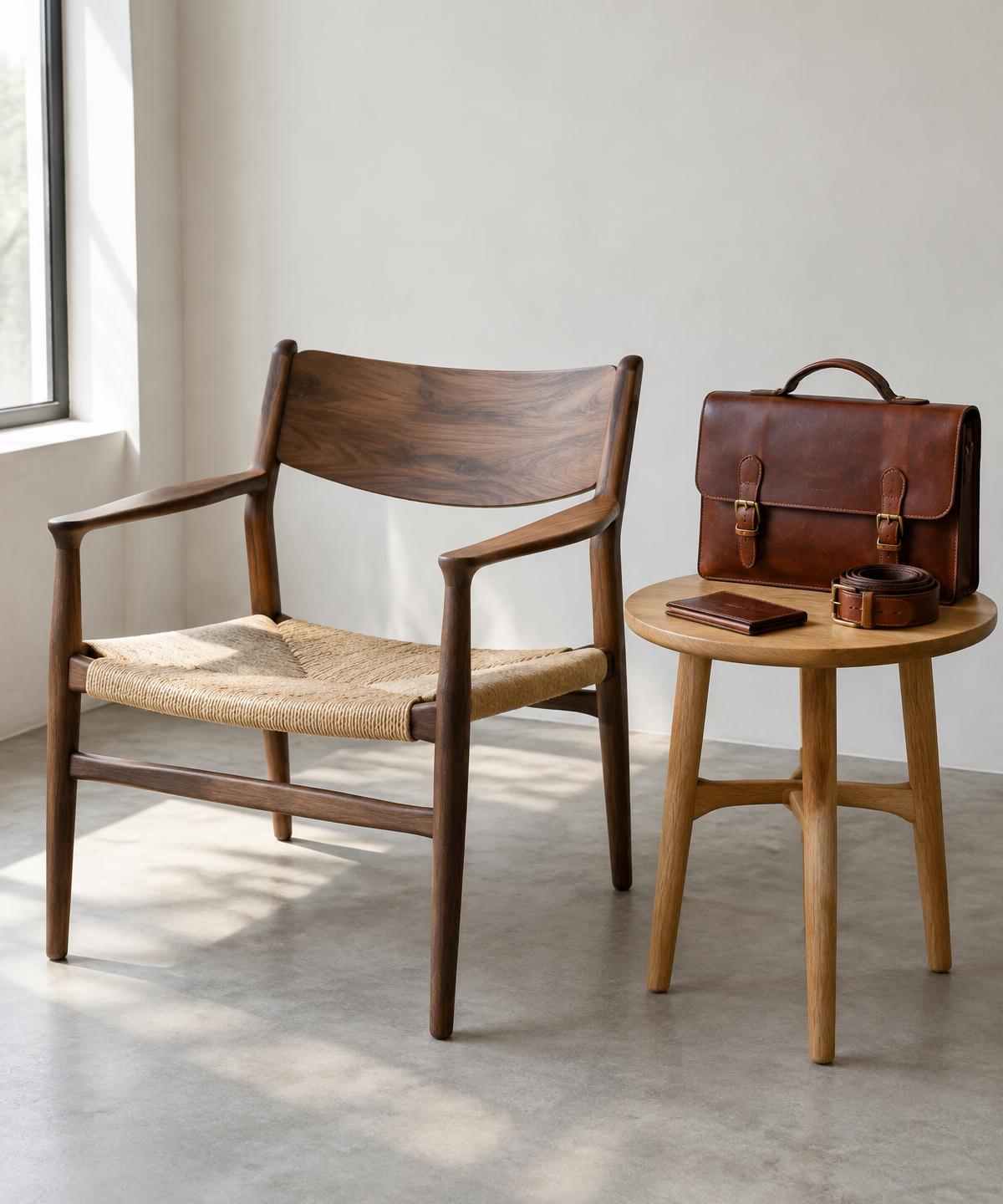 Handcrafted walnut chair and oak table with a leather briefcase, wallet and belt
