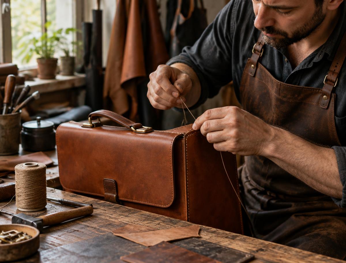 Leather artisan hand-stitching a structured briefcase at a workshop bench
