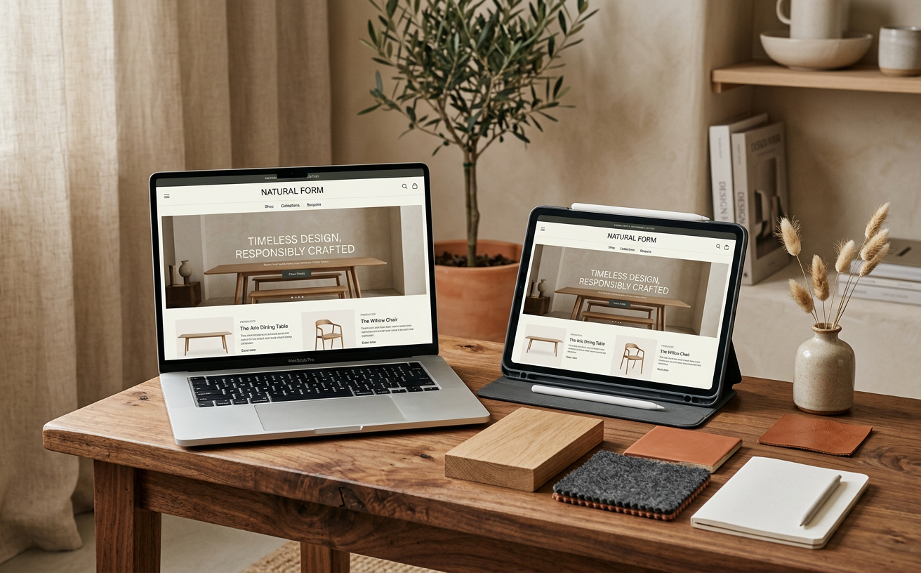 Responsive website design displayed beside a handcrafted furniture collection
