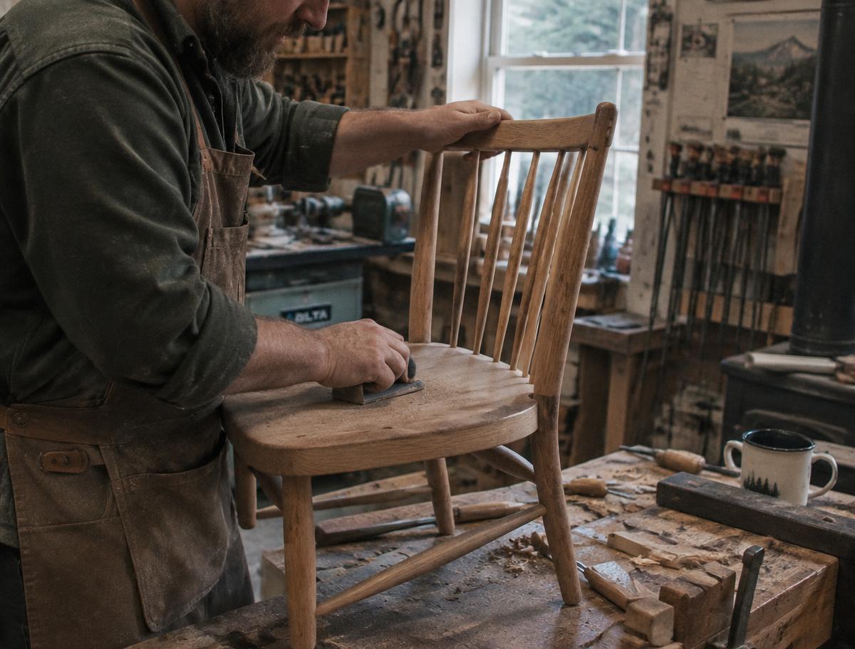 Furniture craftsperson shaping solid timber at a workshop bench